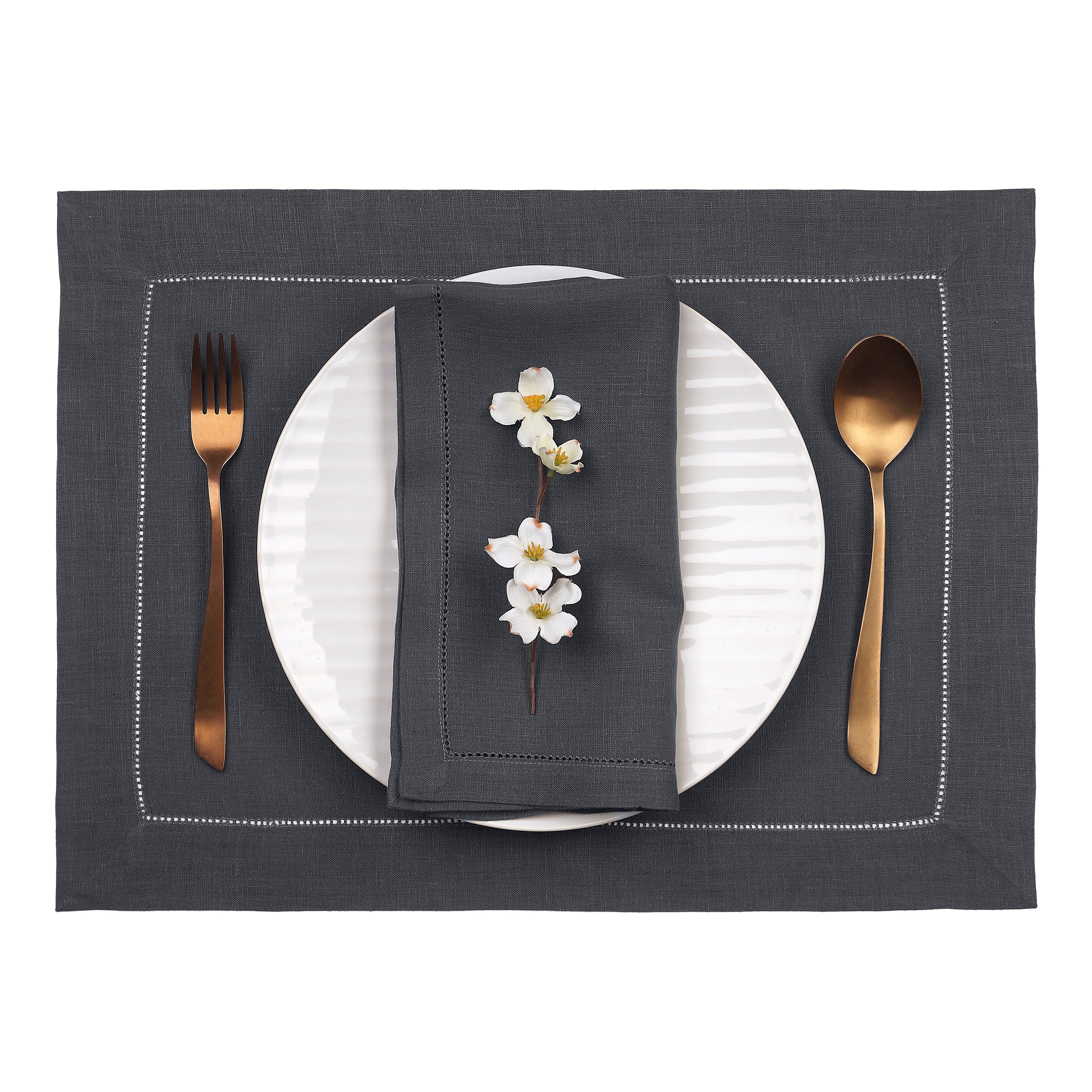 Charcoal Grey Linen Placemats, Hemstitch, 14 x 19 inch, 6 pcs
