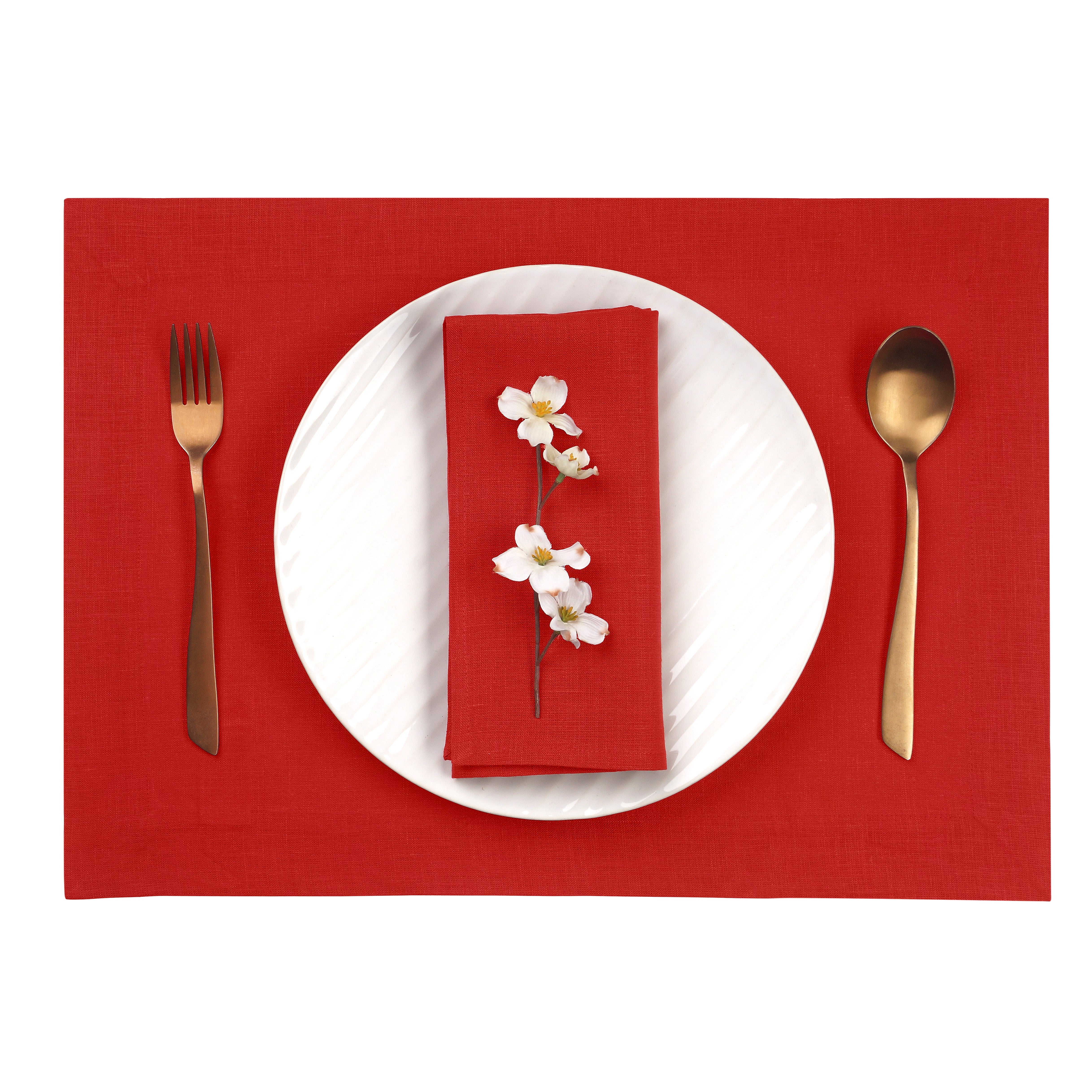 Close-up of the mitered corners on bright red pure linen placemats