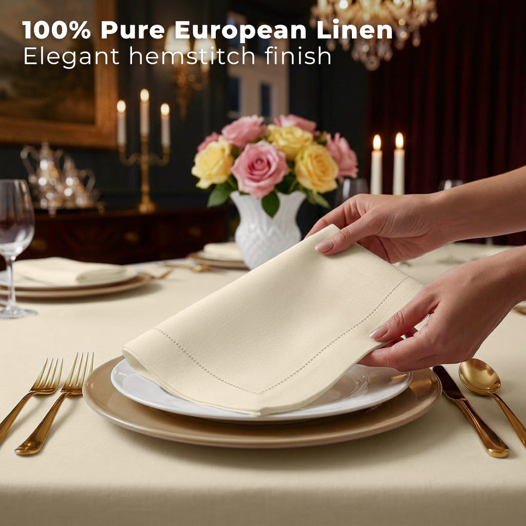 Close-up of the hemstitch edge on ivory pure linen dinner napkins