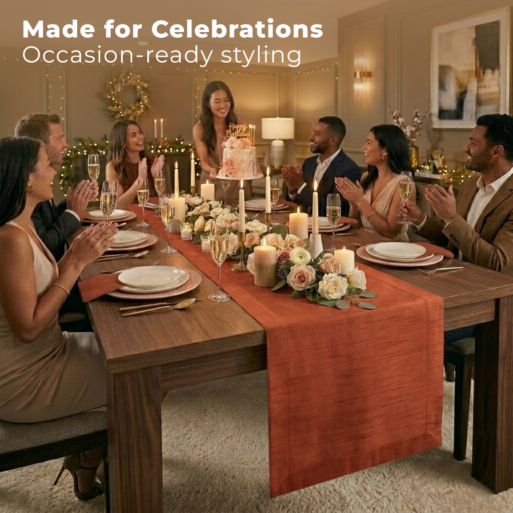 Close-up of the mitered corners on a rust Luxe Shine table runner