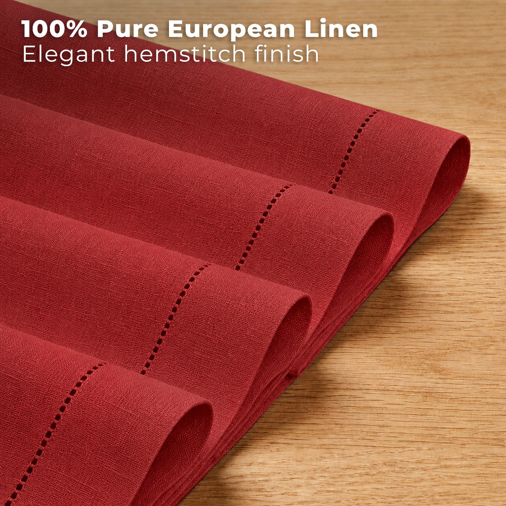 Close-up of the hemstitch edge on bright red pure linen placemats
