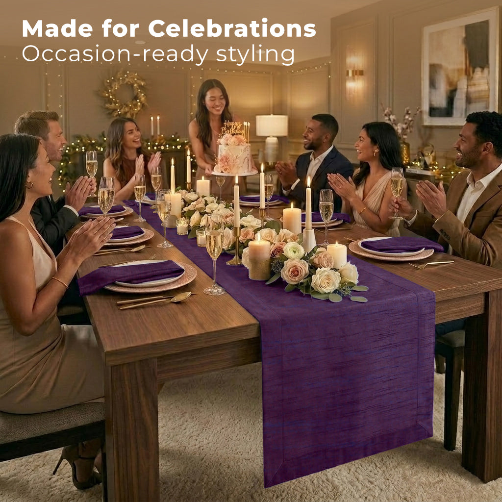 Close-up of the mitered corners on a purple Luxe Shine table runner
