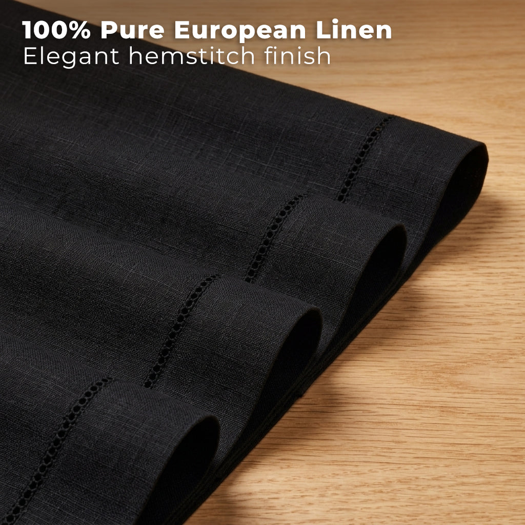 Close-up of the hemstitch edge on black pure linen placemats