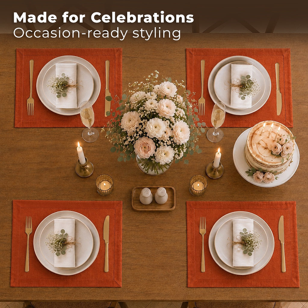 Close-up of the mitered corners on rust Luxe Shine placemats