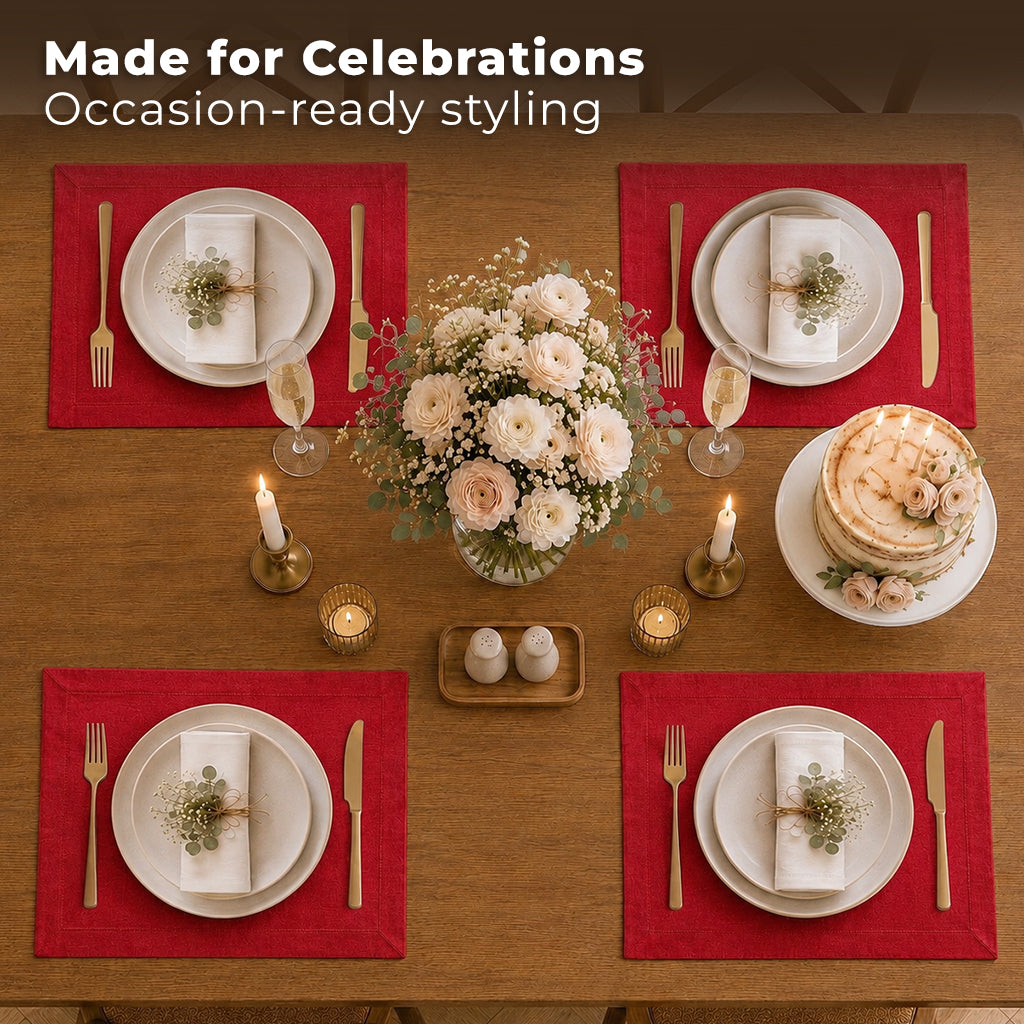 Close-up of the mitered corners on tango red Luxe Shine placemats