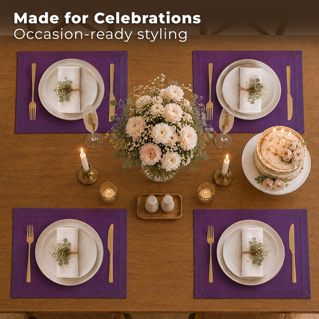 Close-up of the mitered corners on purple Luxe Shine placemats