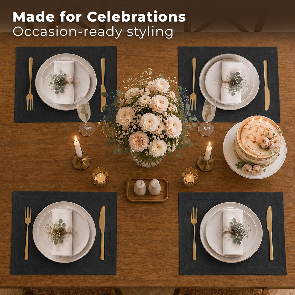 Close-up of the mitered corners on black Luxe Shine placemats