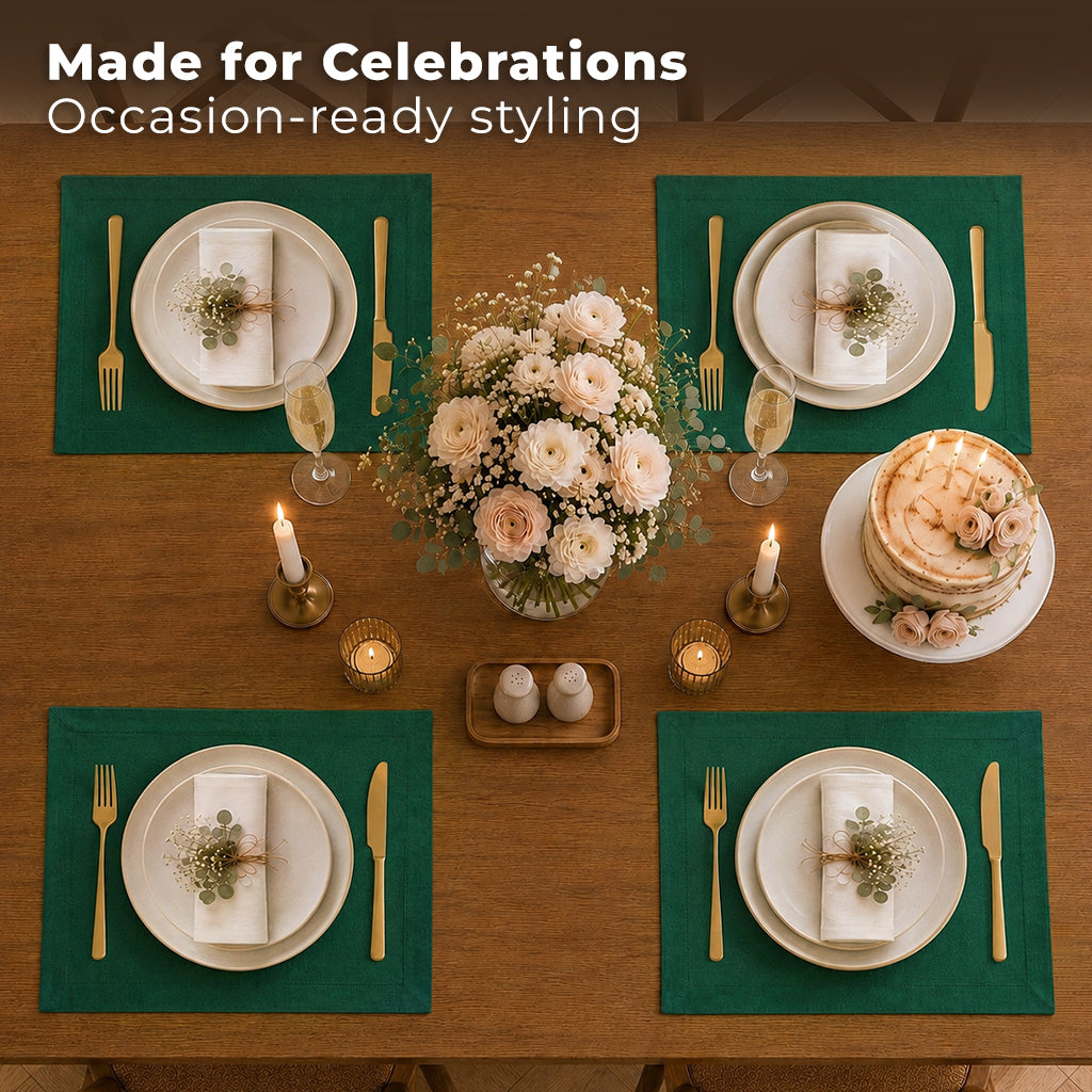 Close-up of the mitered corners on emerald green Luxe Shine placemats