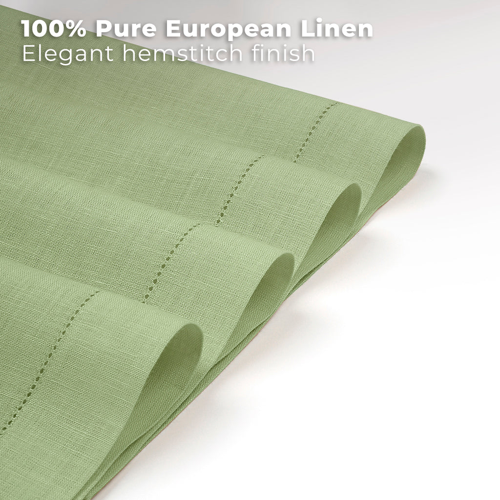 Close-up of the hemstitch edge on sage green pure linen placemats