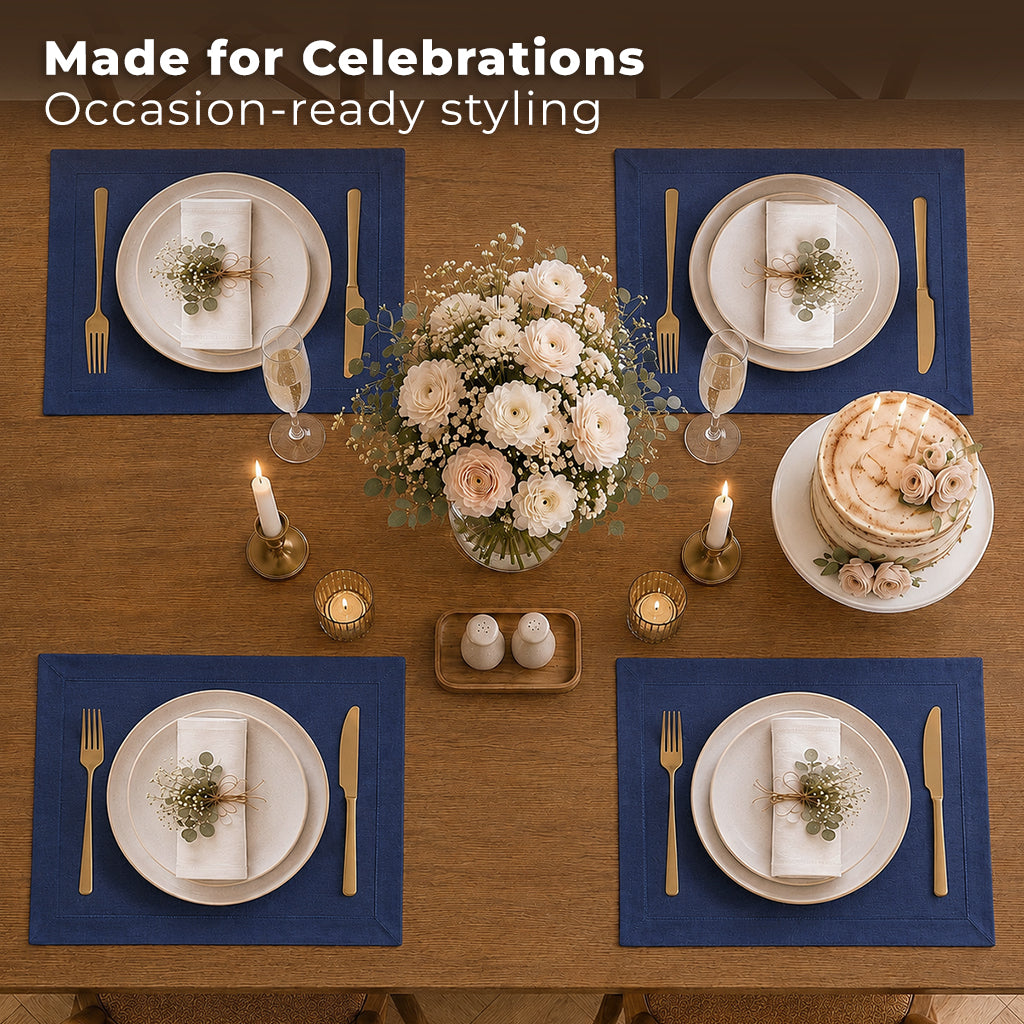 Close-up of the mitered corners on navy blue Luxe Shine placemats