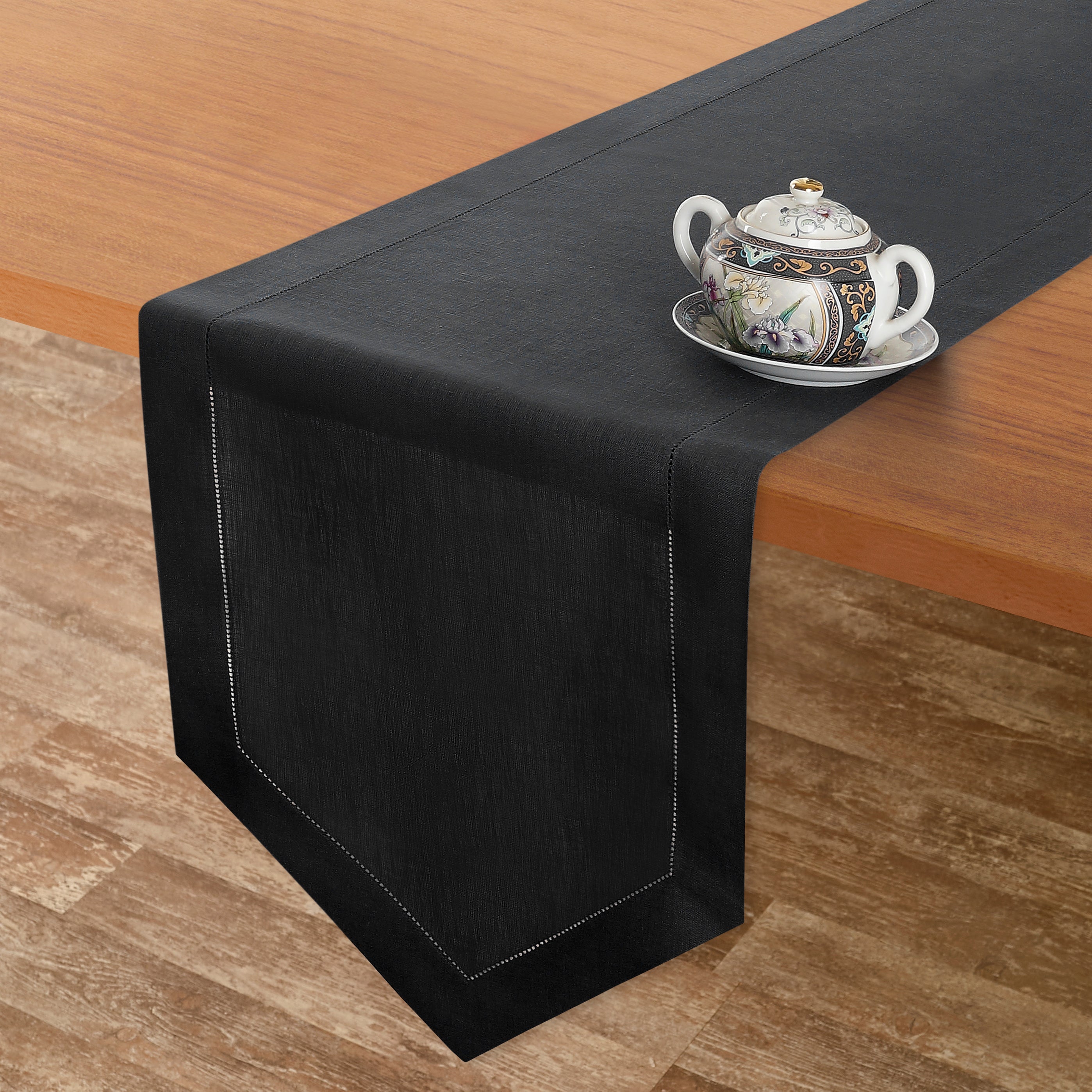 Close-up of the weave on a black pure linen table runner