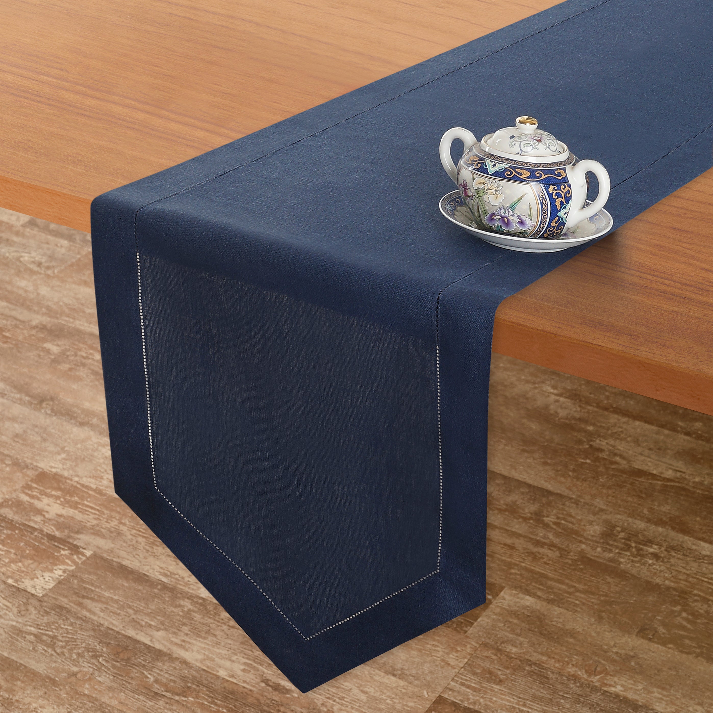 Navy blue pure linen table runner with matching D'Moksha table linens