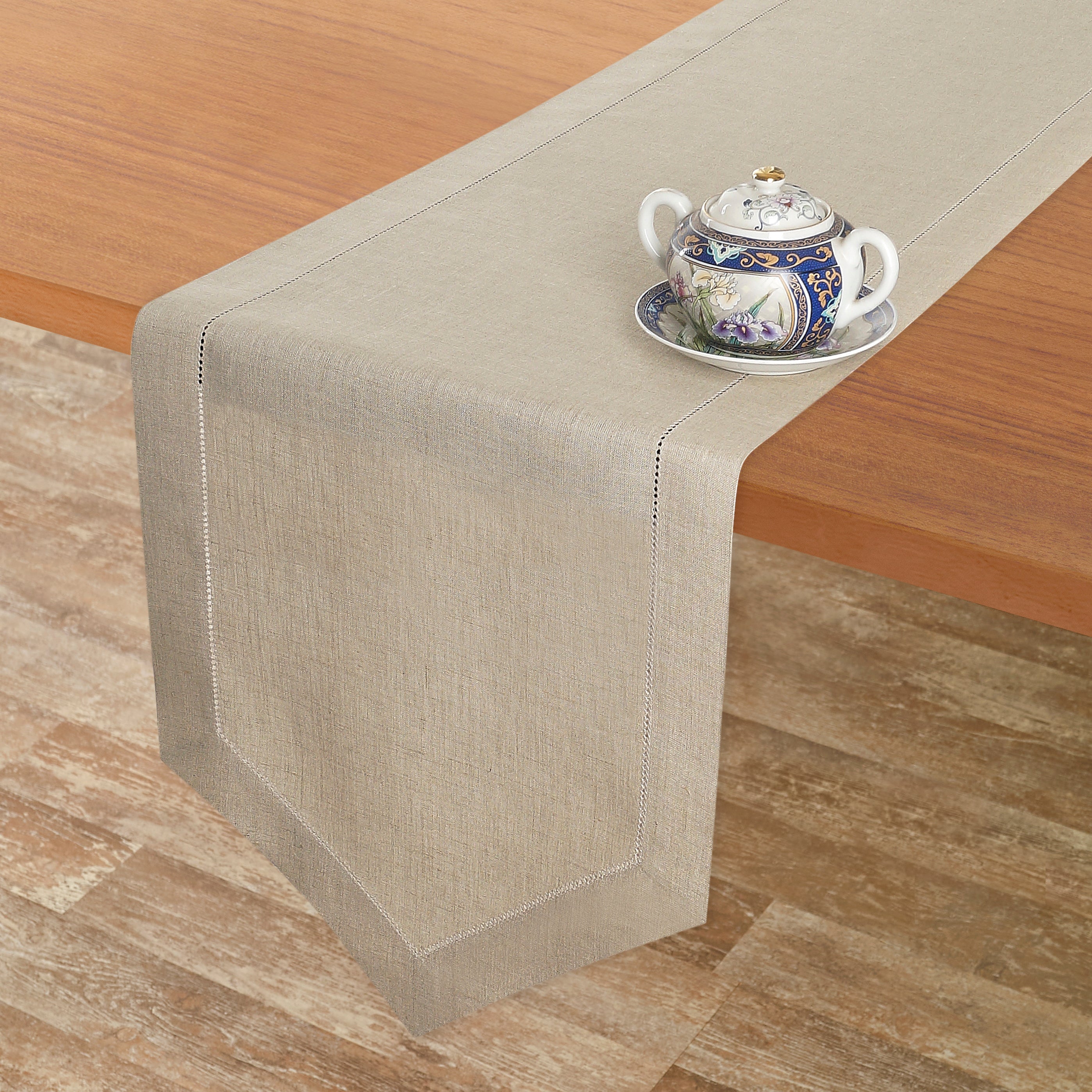 Close-up of the weave on a natural pure linen table runner