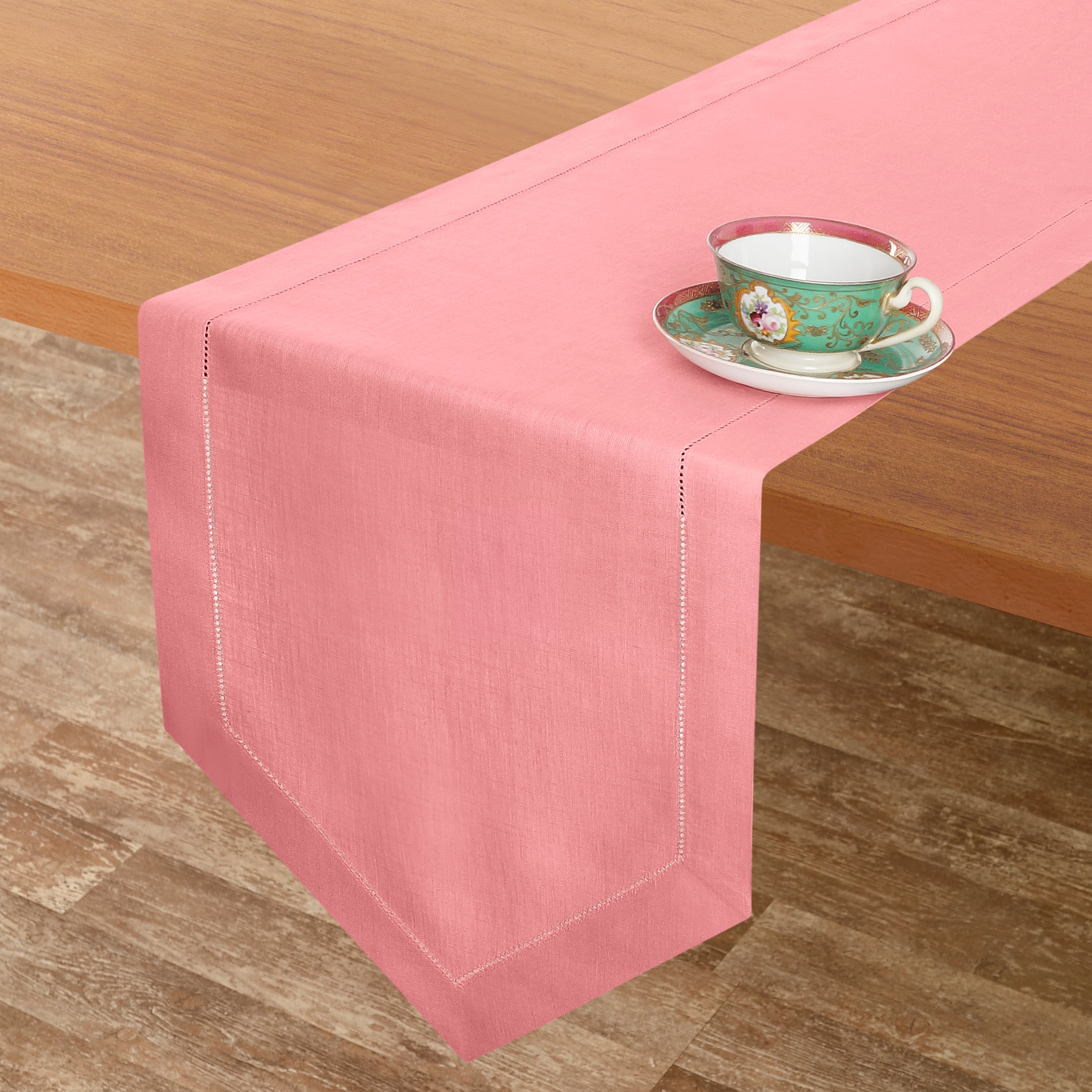 Close-up of the weave on a dusty pink pure linen table runner