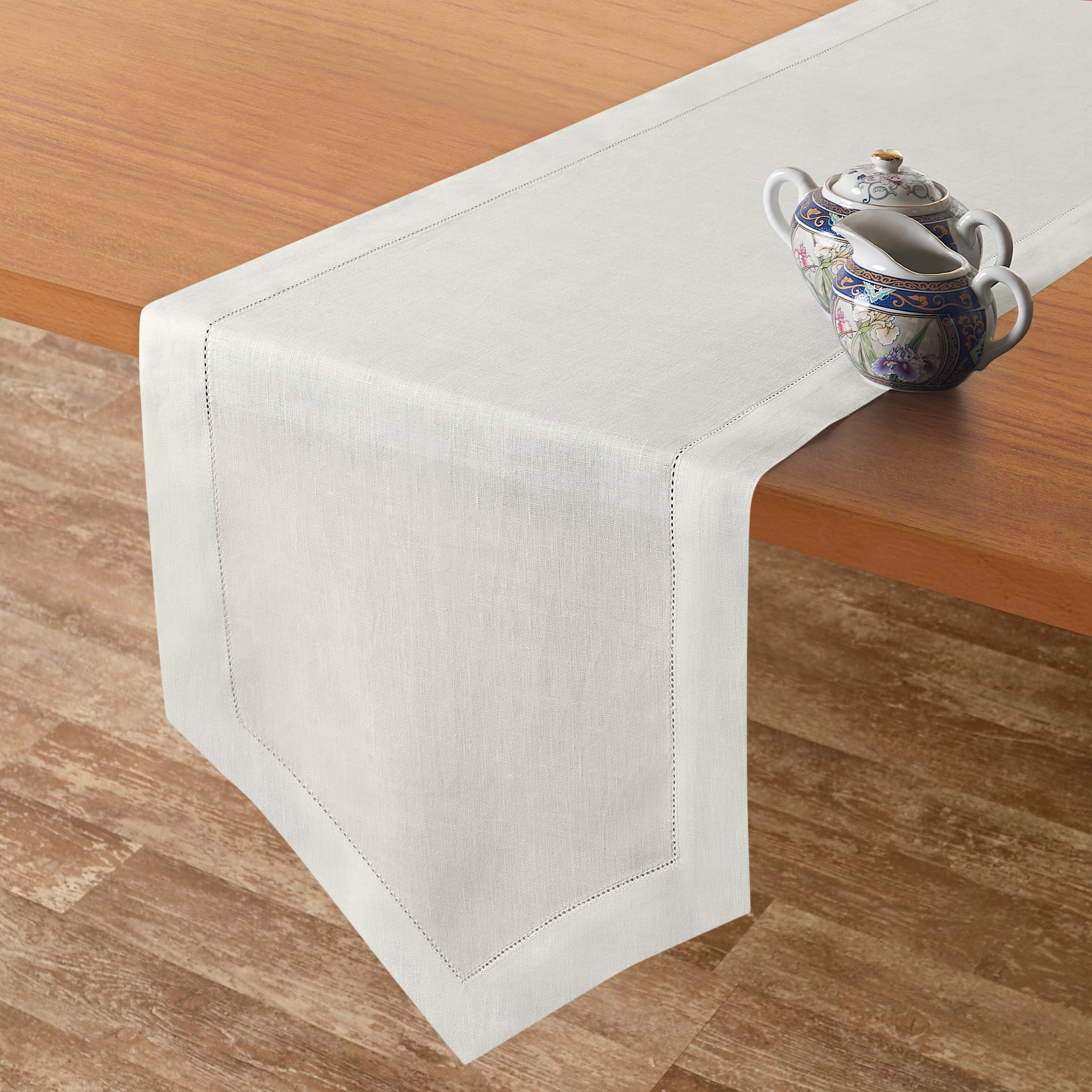 Close-up of the weave on an ivory pure linen table runner