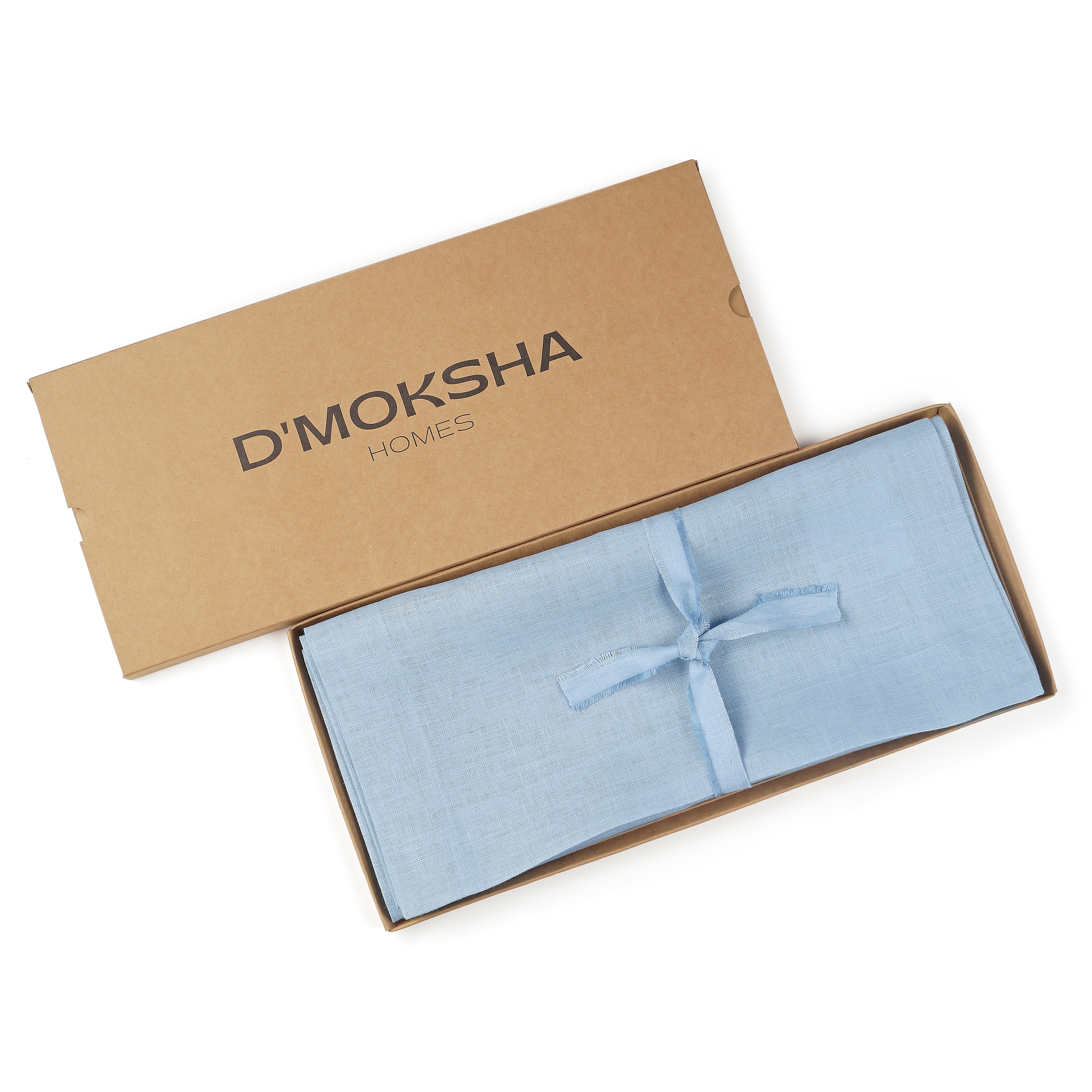 Powder blue pure linen table runner with matching D'Moksha table linens