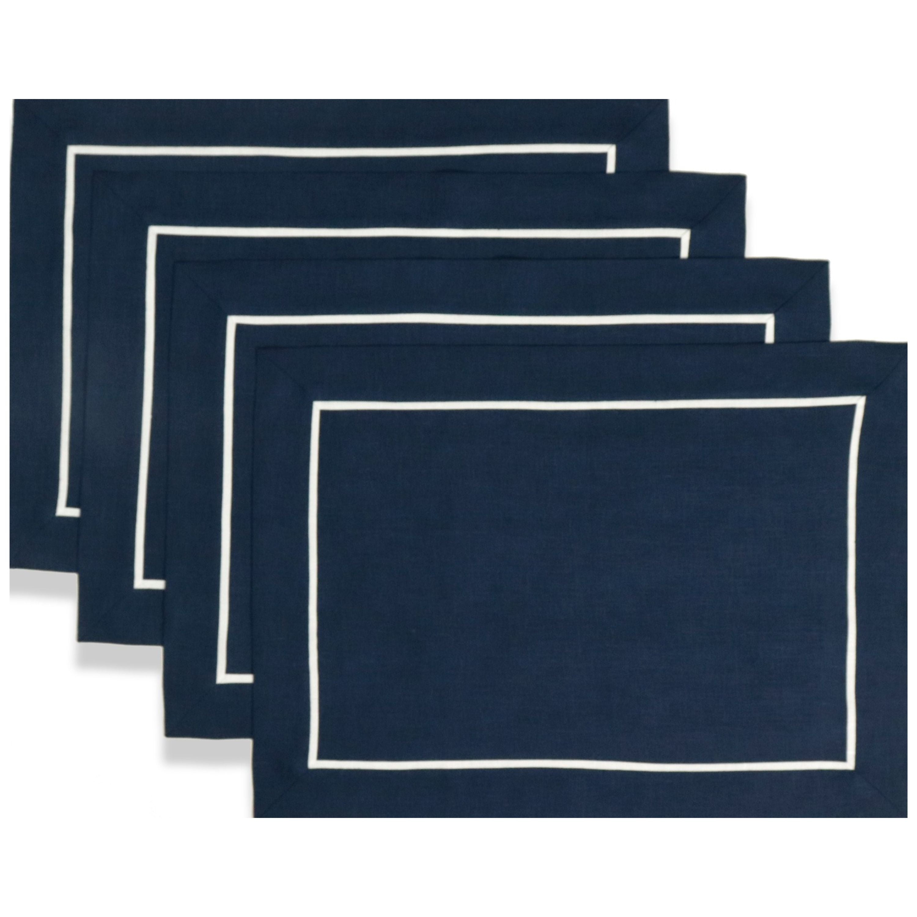 Close-up of the reversible design on navy blue and white pure linen placemats