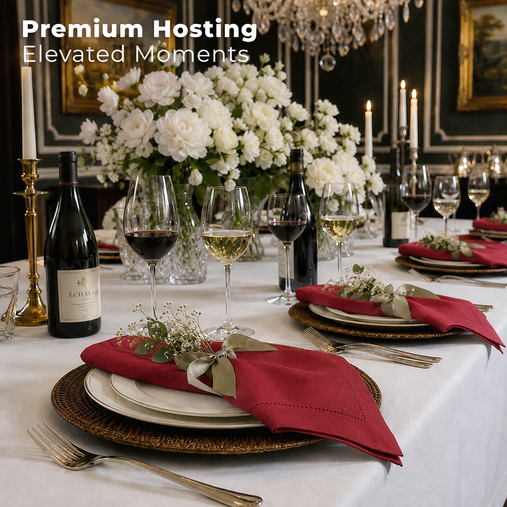 Red pure linen dinner napkins with matching D'Moksha table linens
