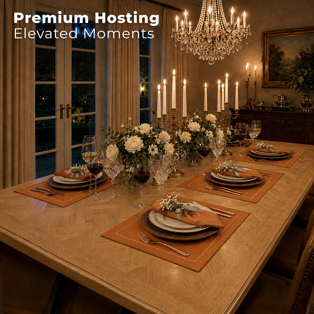 Rust pure linen placemats with matching D'Moksha table linens