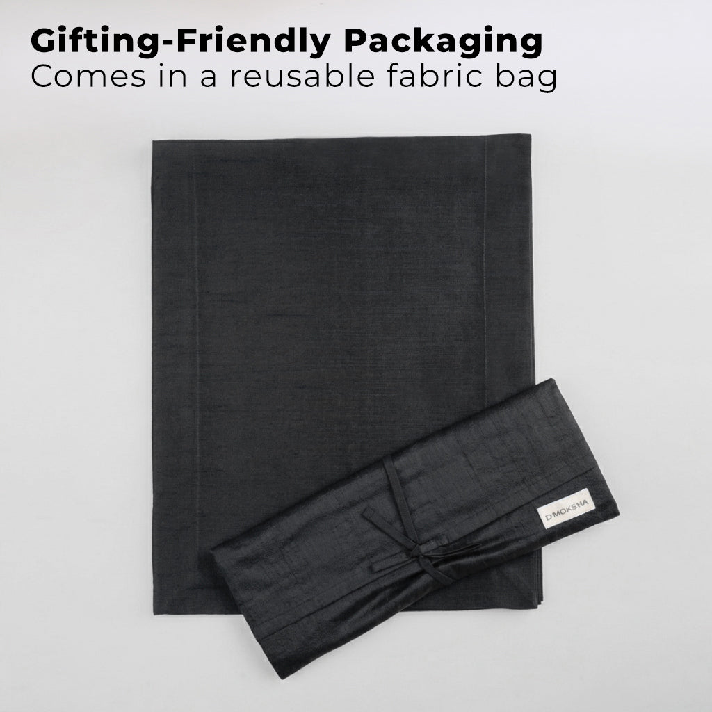 Black Luxe Shine table runner with matching D'Moksha table linens