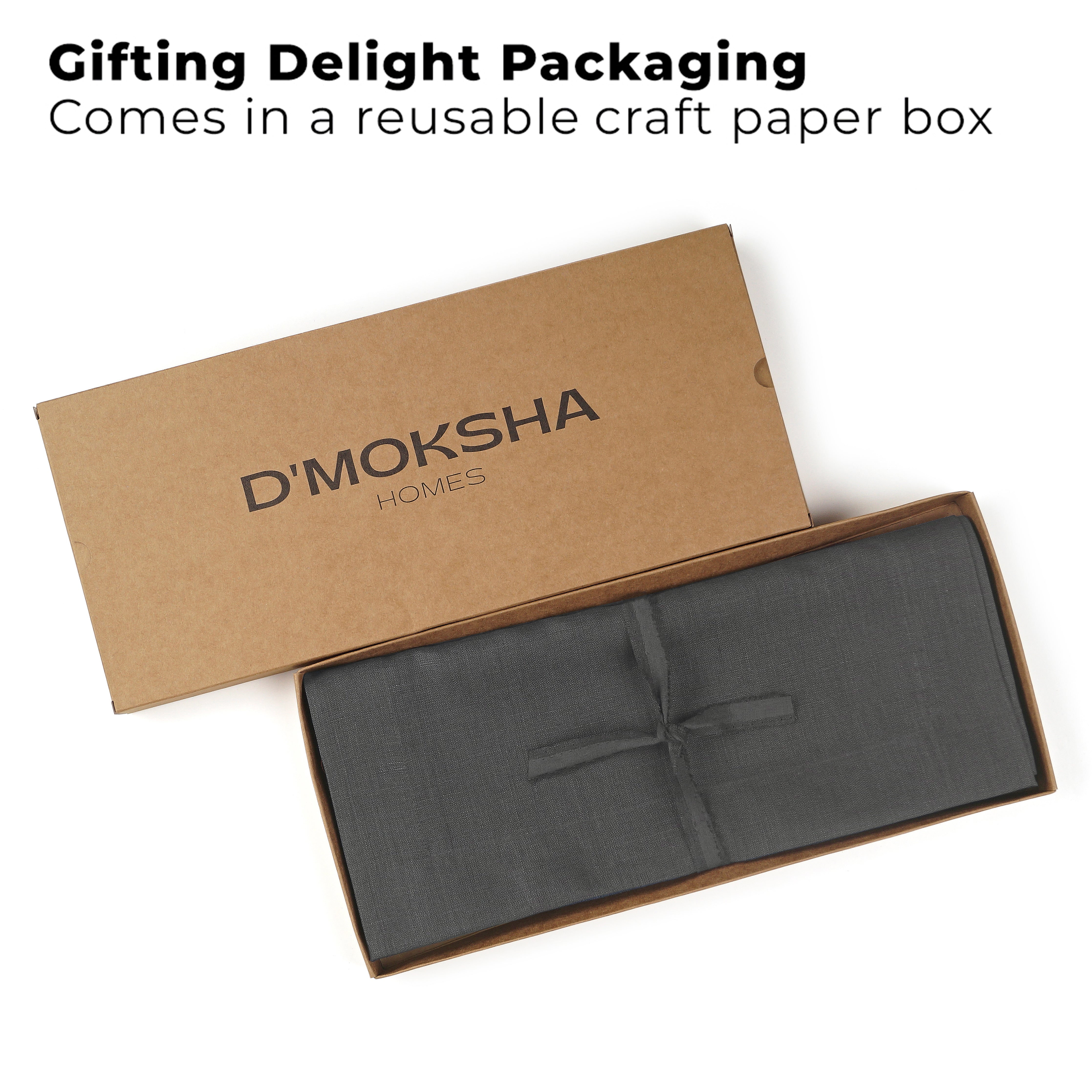 Charcoal grey pure linen table runner with matching D'Moksha table linens