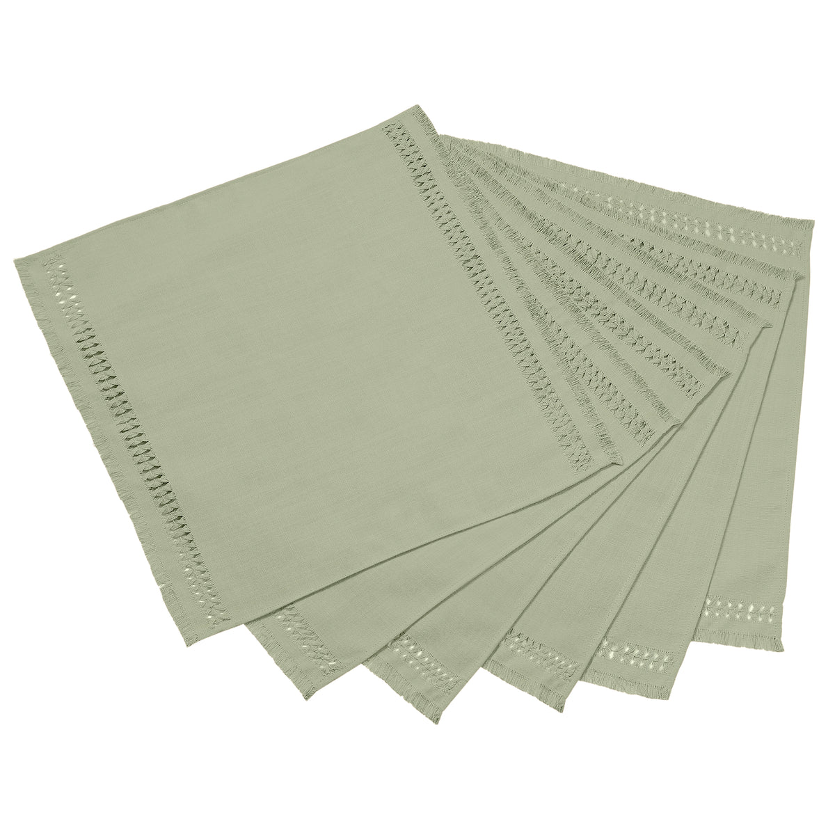 Sage green faux linen dinner napkins with matching D'Moksha table linens