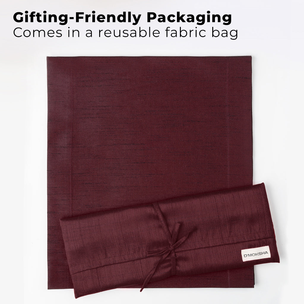 Wine red Luxe Shine table runner with matching D'Moksha table linens
