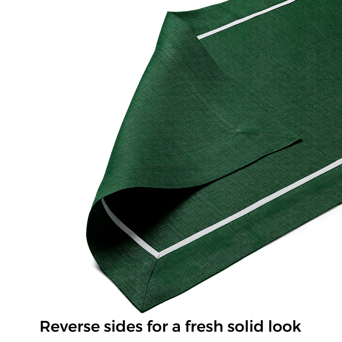 Forest green and white linen table runner with matching D'Moksha table linens