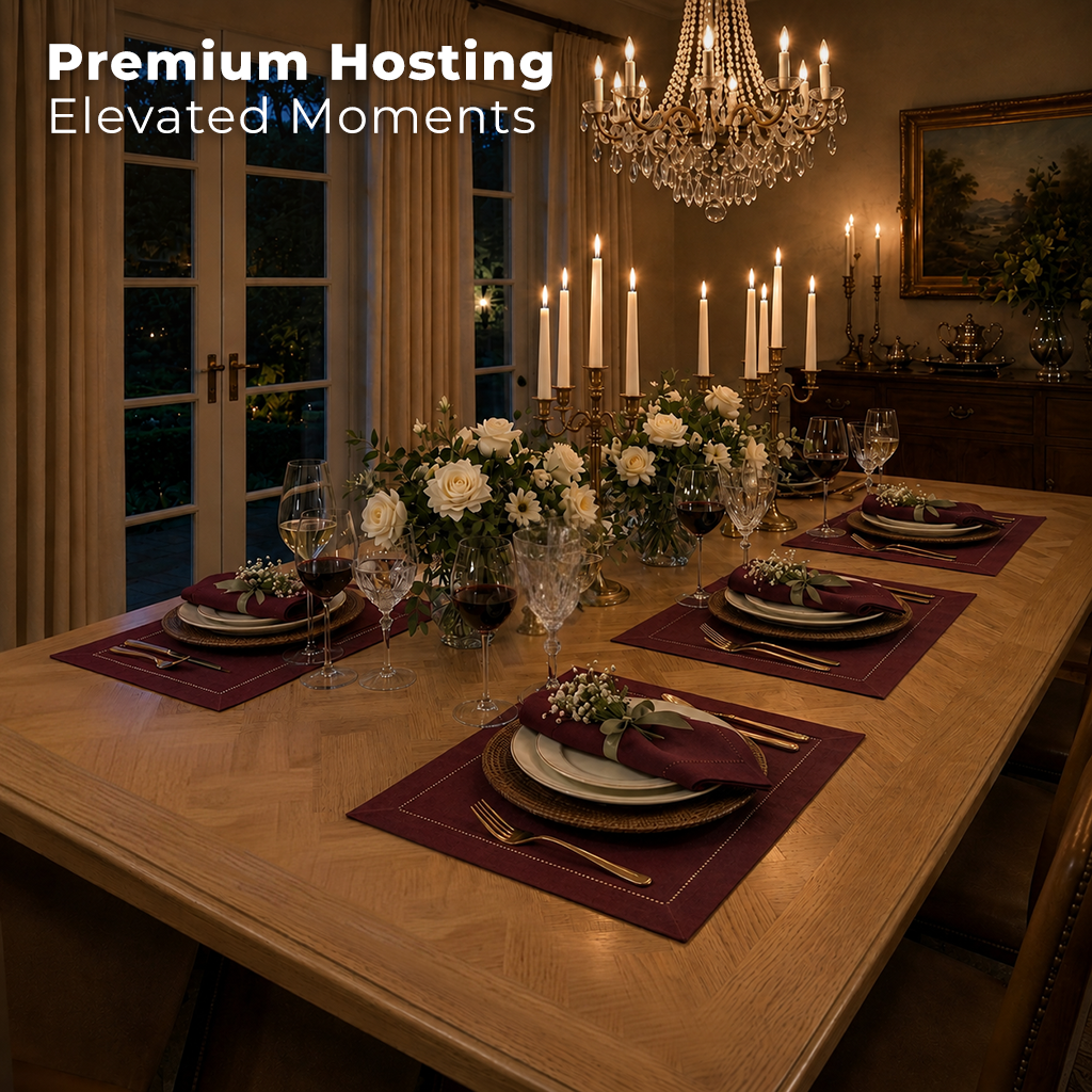 Dark red pure linen placemats with matching D'Moksha table linens