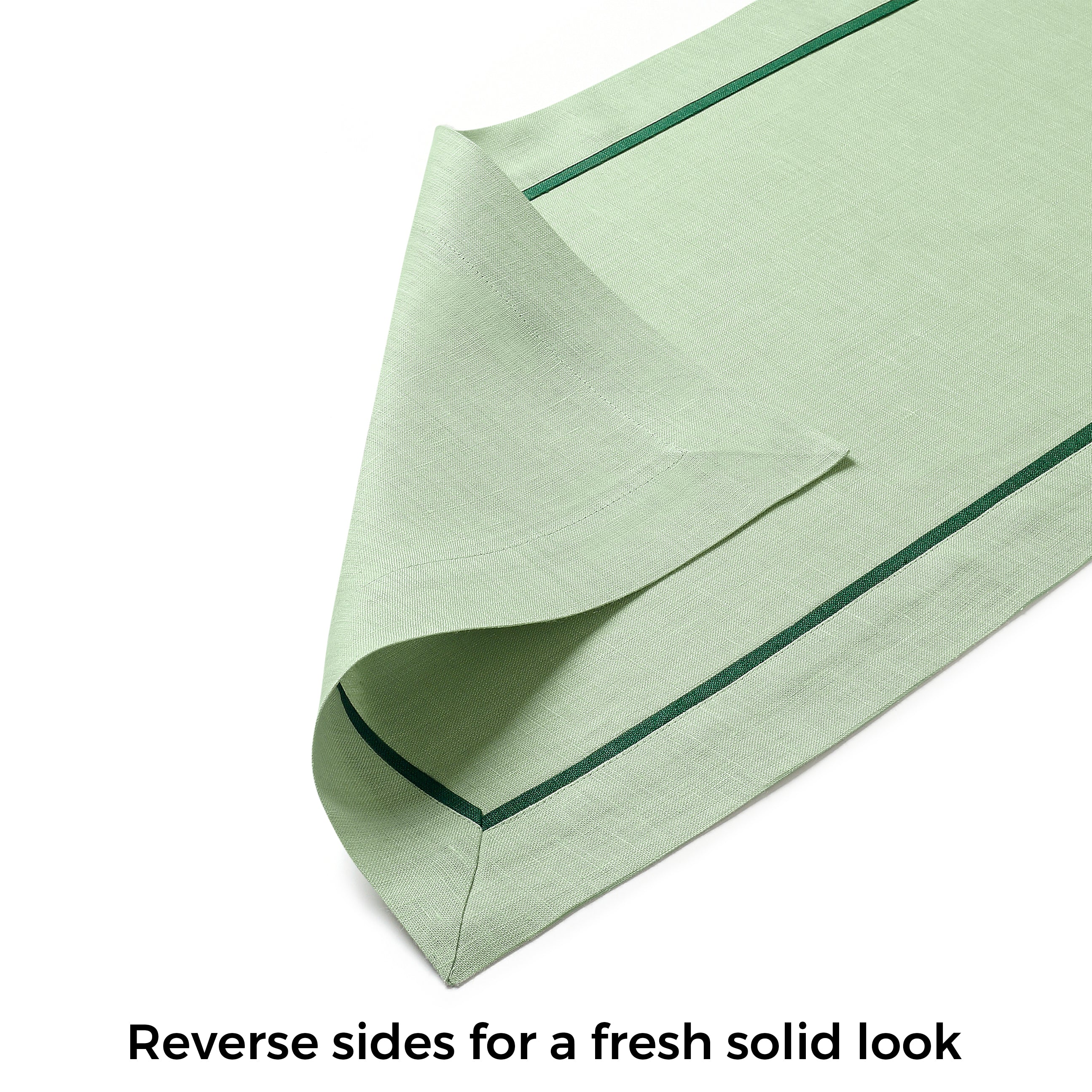 Sage green and forest pure linen table runner with matching D'Moksha table linens