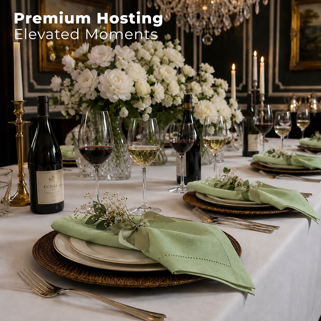 Sage green pure linen dinner napkins with matching D'Moksha table linens