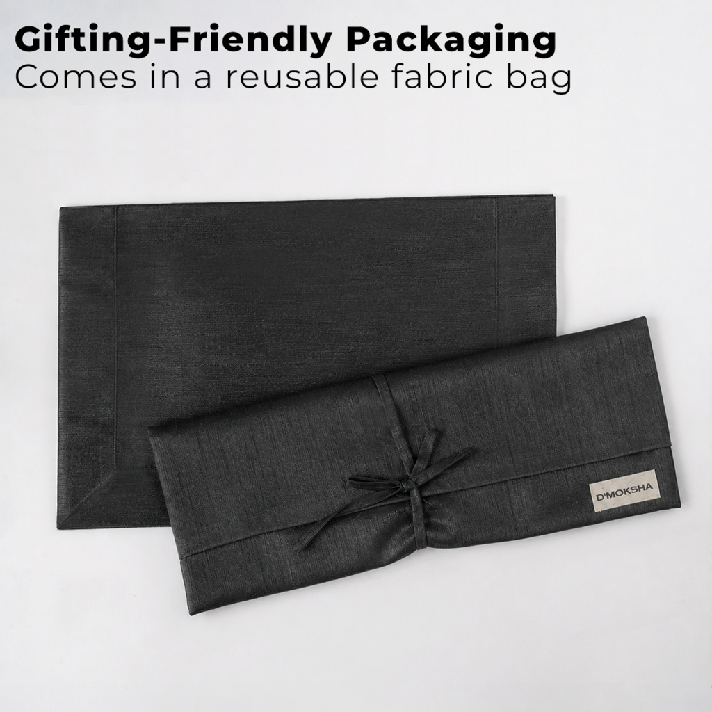 Black Luxe Shine placemats with matching D'Moksha table linens
