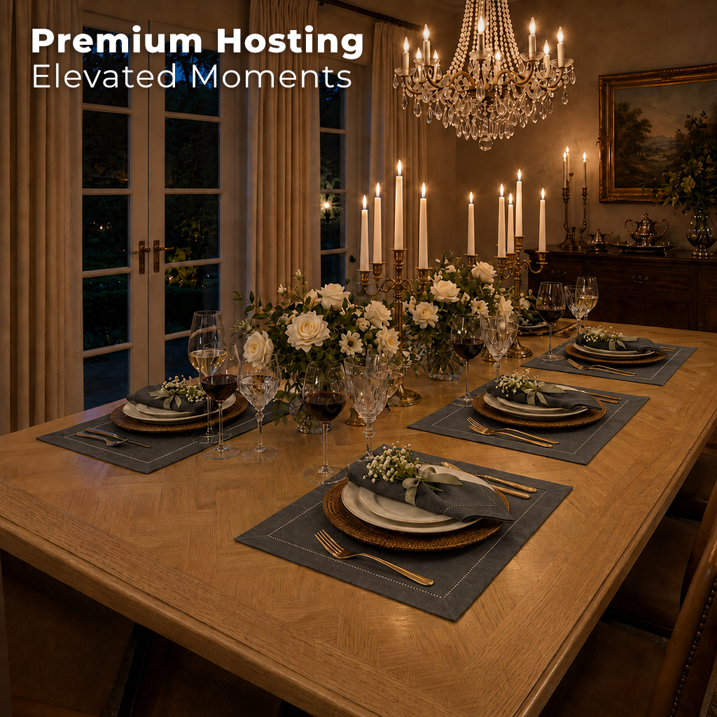 Charcoal grey pure linen placemats with matching D'Moksha table linens