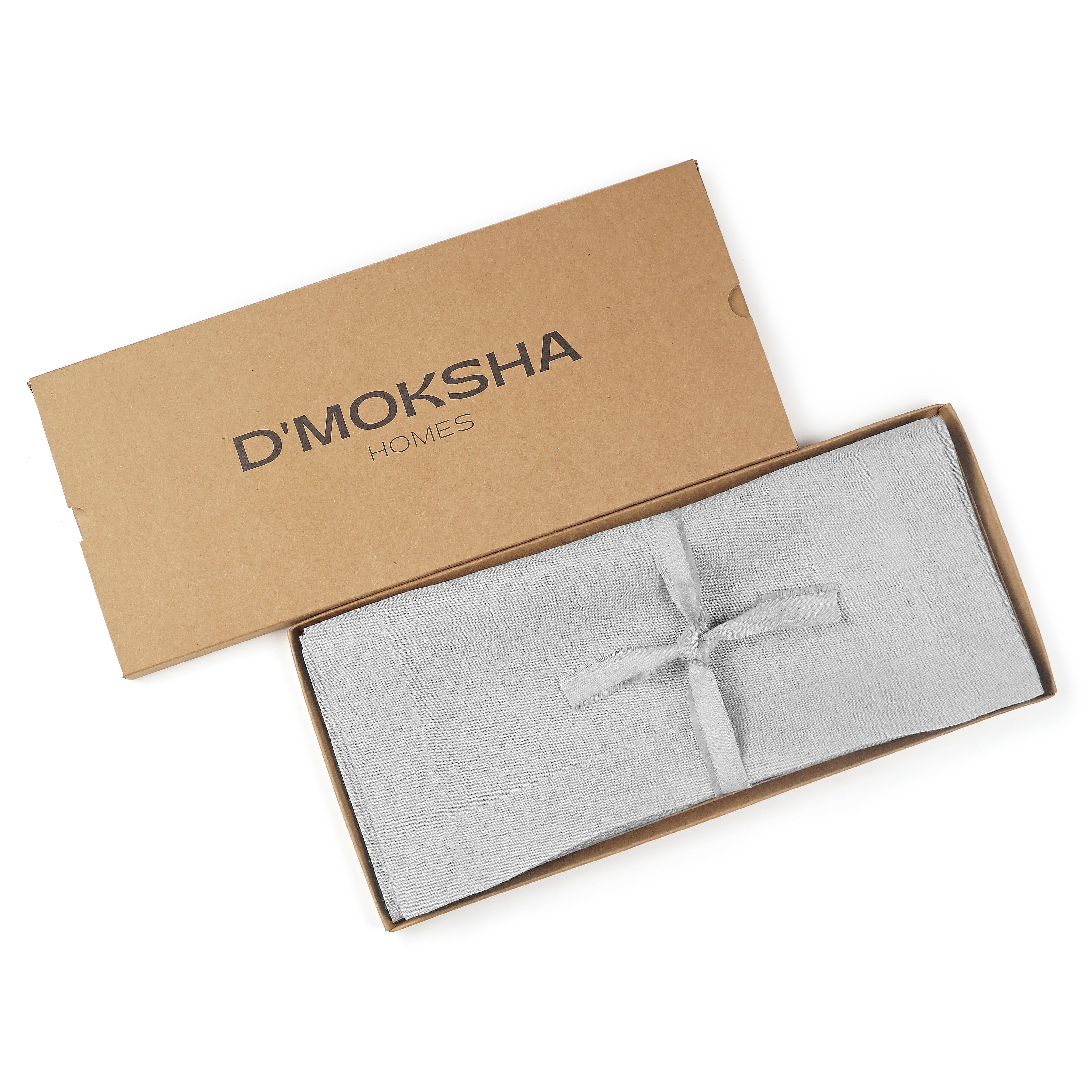 Silver grey linen table runner with matching D'Moksha table linens