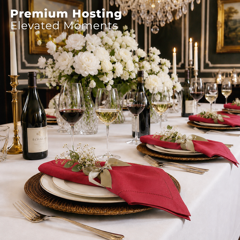 Bright red pure linen dinner napkins with matching D'Moksha table linens
