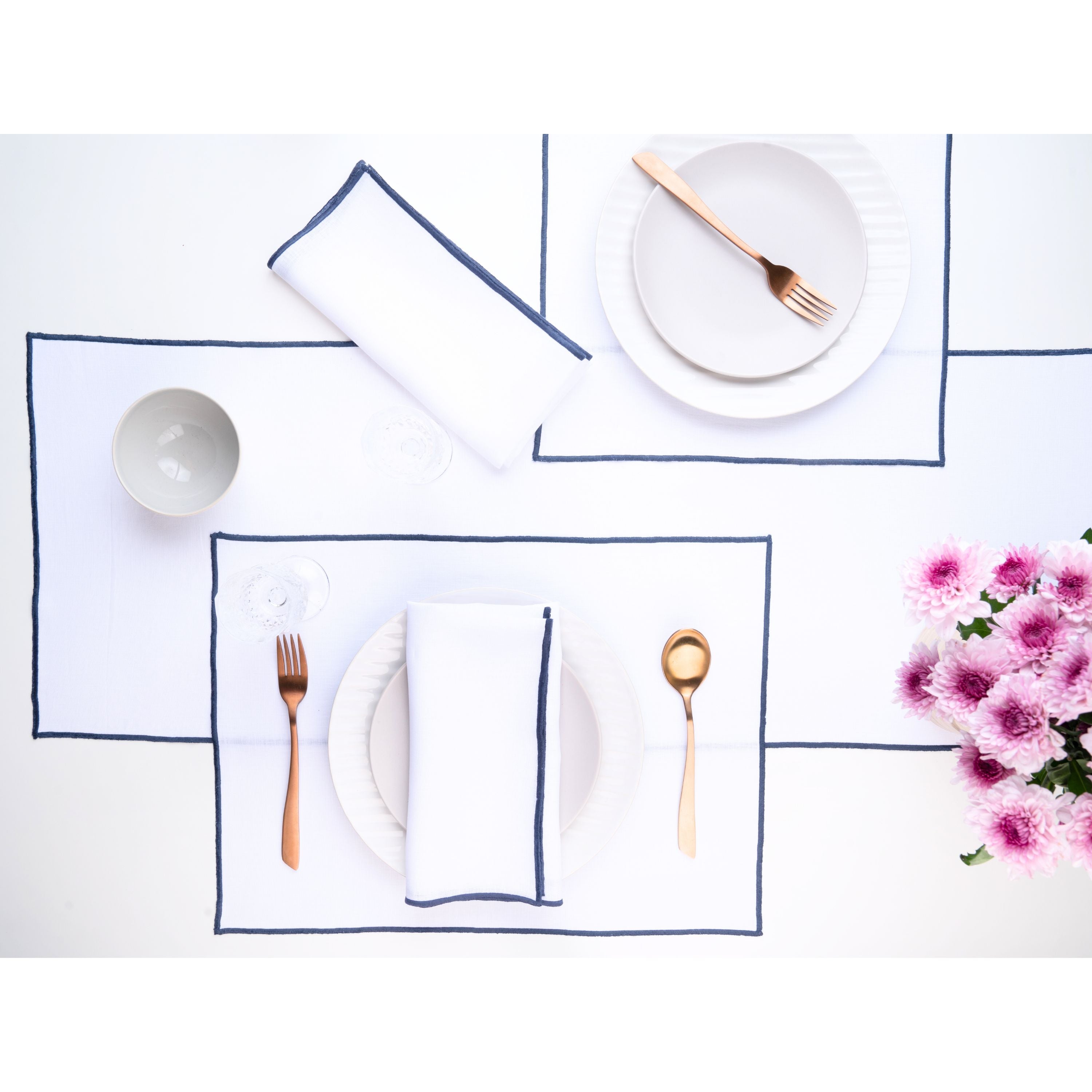 White and navy blue pure linen table runner with matching D'Moksha table linens