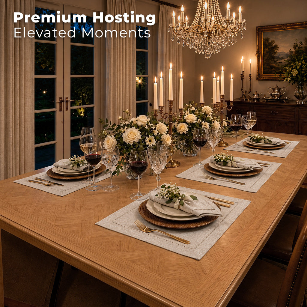 Light natural pure linen placemats with matching D'Moksha table linens