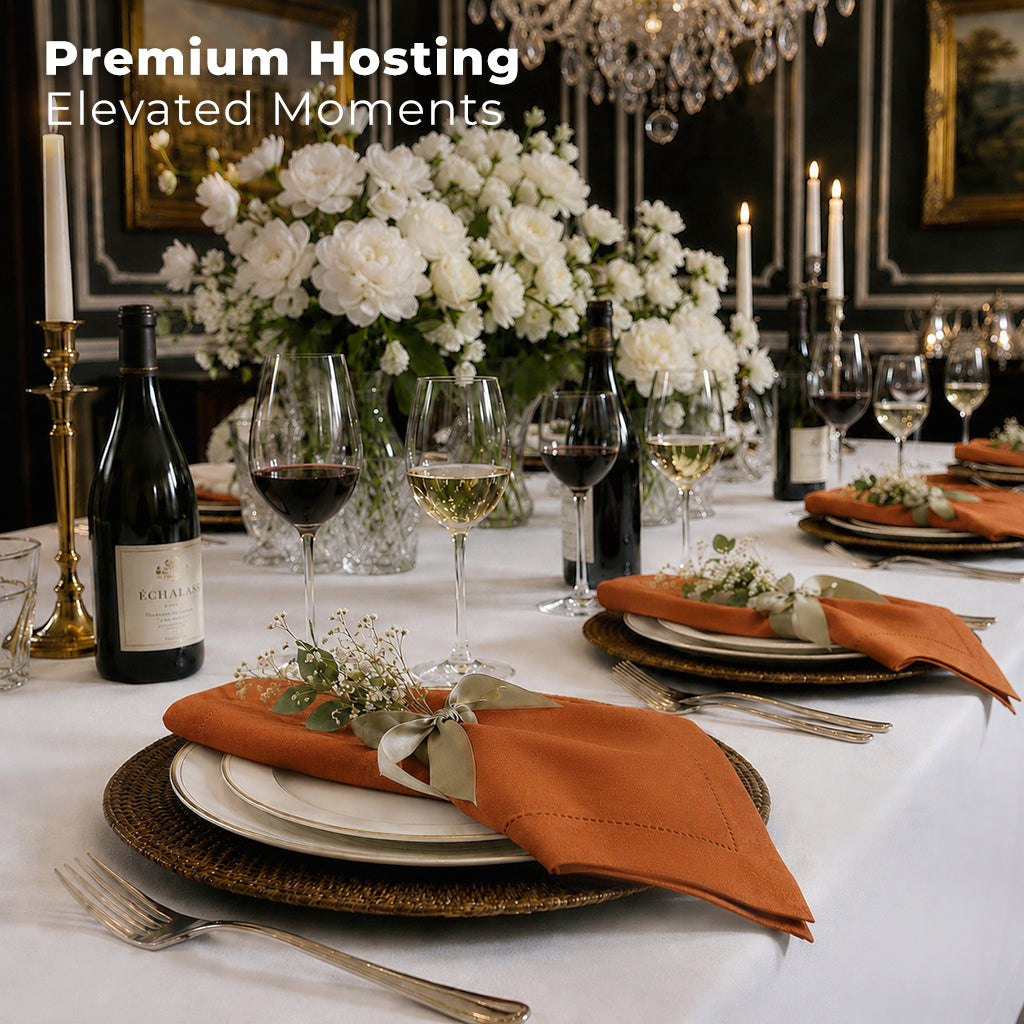 Rust pure linen dinner napkins with matching D'Moksha table linens