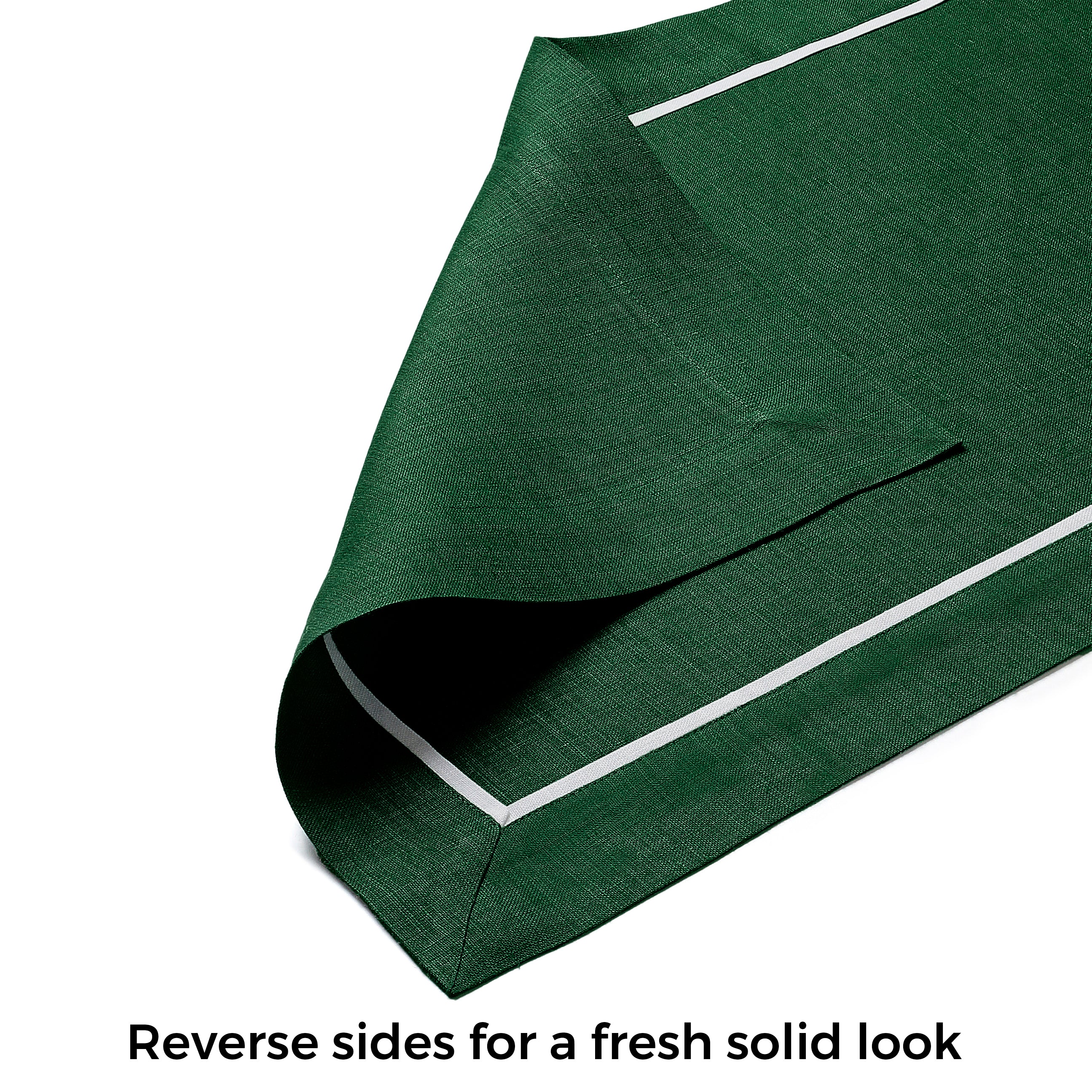 Forest green and white pure linen table runner with matching D'Moksha table linens