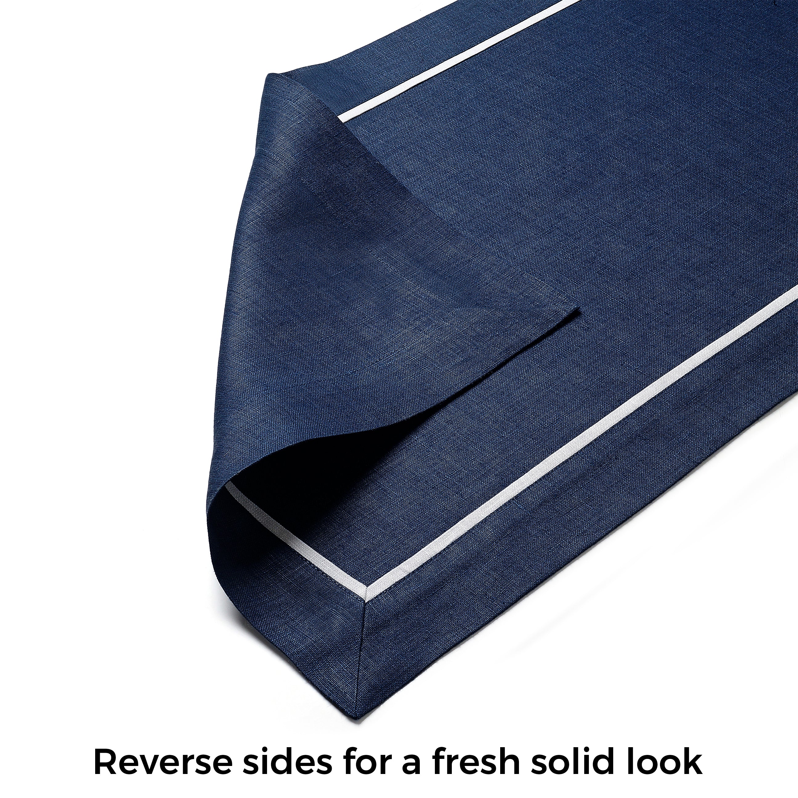 Navy blue and white pure linen table runner with matching D'Moksha table linens