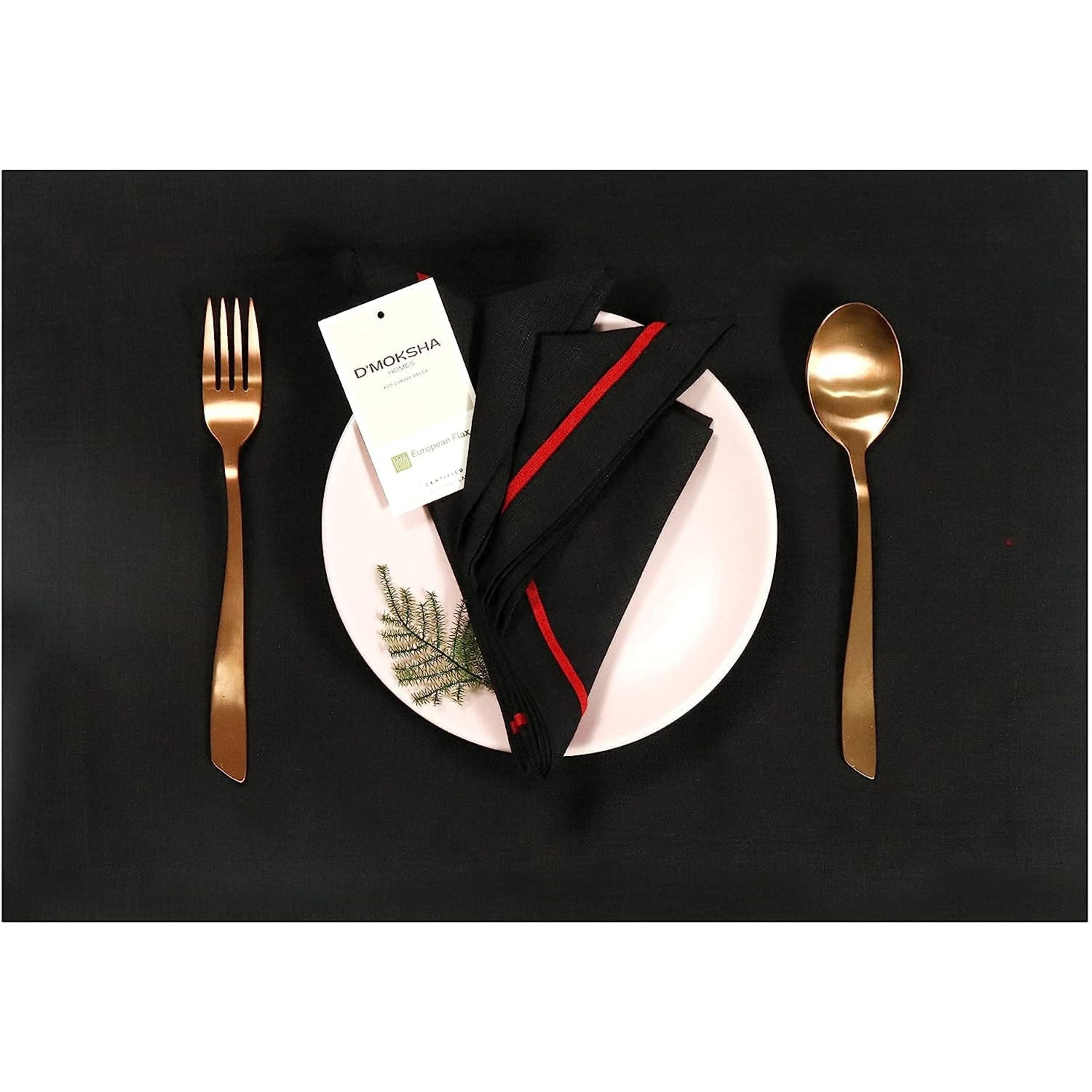 Black and red pure linen dinner napkins with matching D'Moksha table linens
