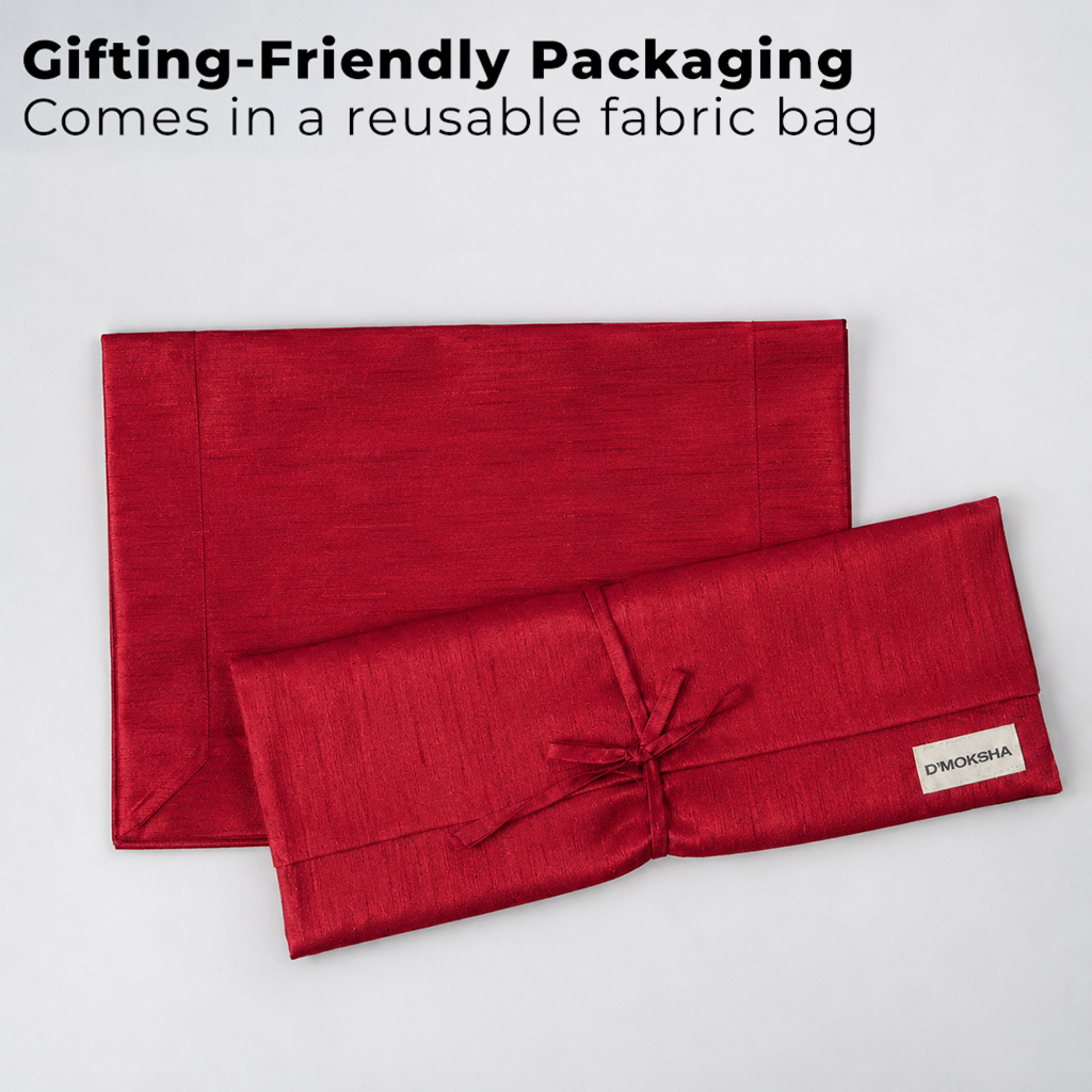 Red Luxe Shine placemats with matching D'Moksha table linens