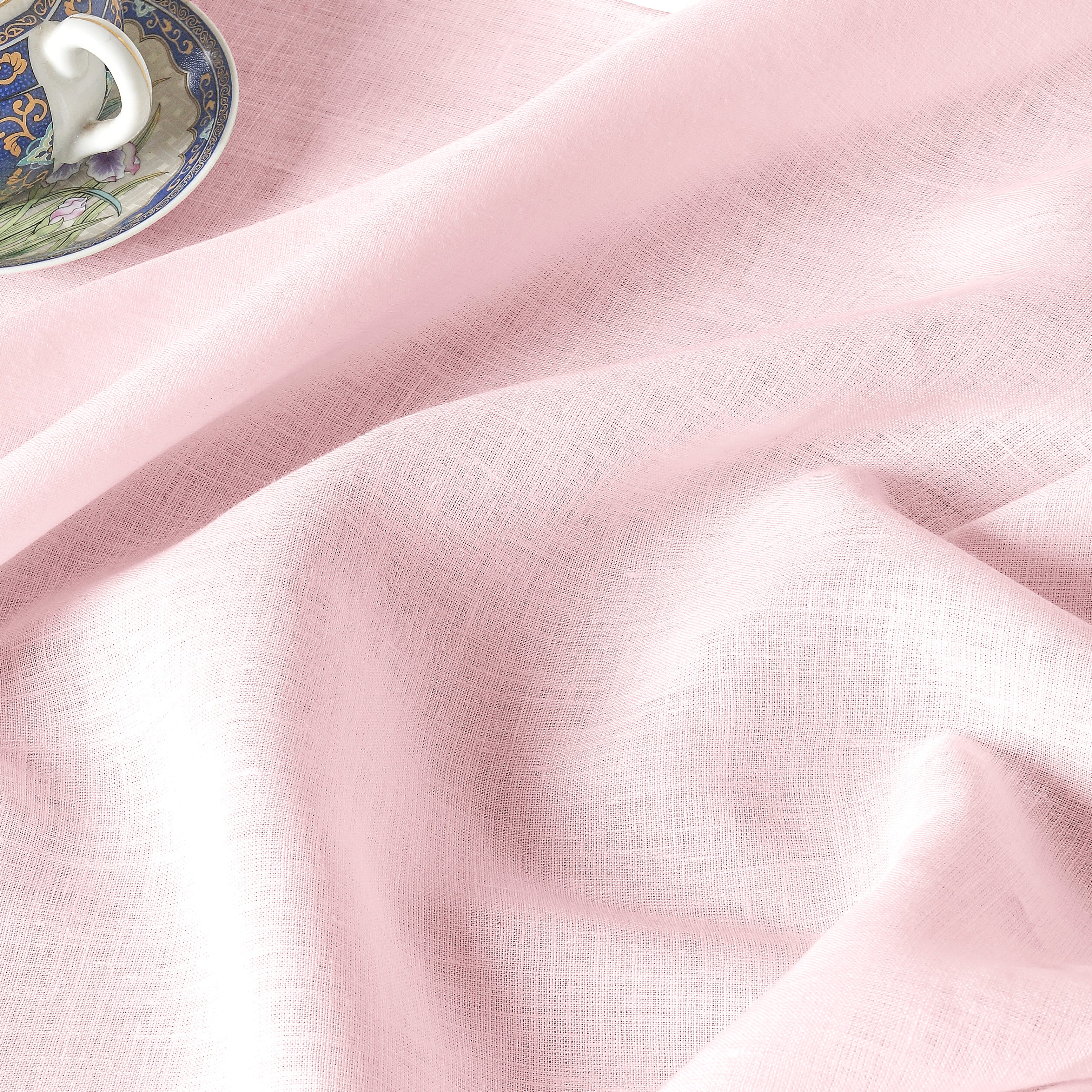 Pastel pink pure linen tablecloth with matching D'Moksha table linens