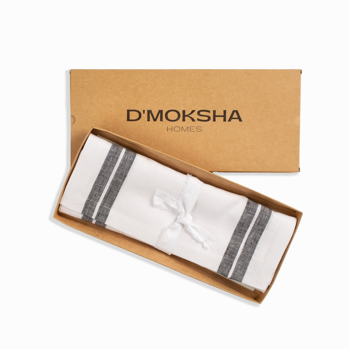White and black pure linen table runner with matching D'Moksha table linens