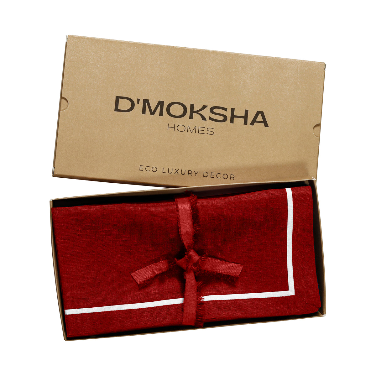 Red and white pure linen dinner napkins with matching D'Moksha table linens