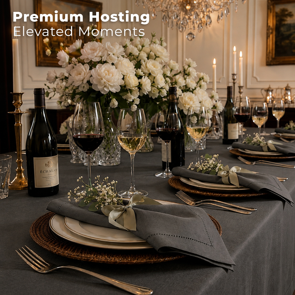 Charcoal grey pure linen dinner napkins with matching D'Moksha table linens