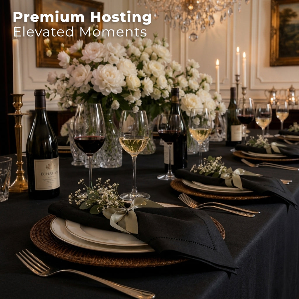 Black pure linen dinner napkins with matching D'Moksha table linens