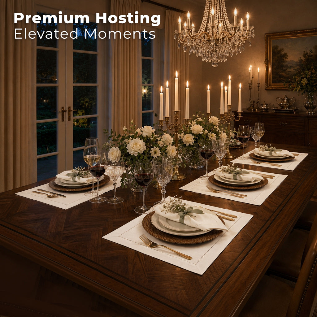 Ivory pure linen placemats with matching D'Moksha table linens