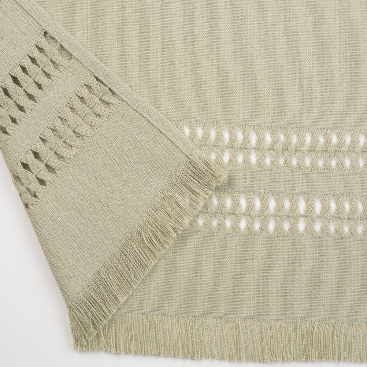 Sage green faux linen table runner with matching D'Moksha table linens