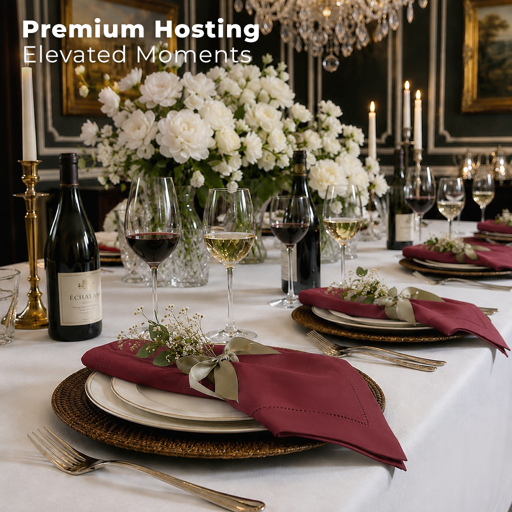 Dark red pure linen dinner napkins with matching D'Moksha table linens